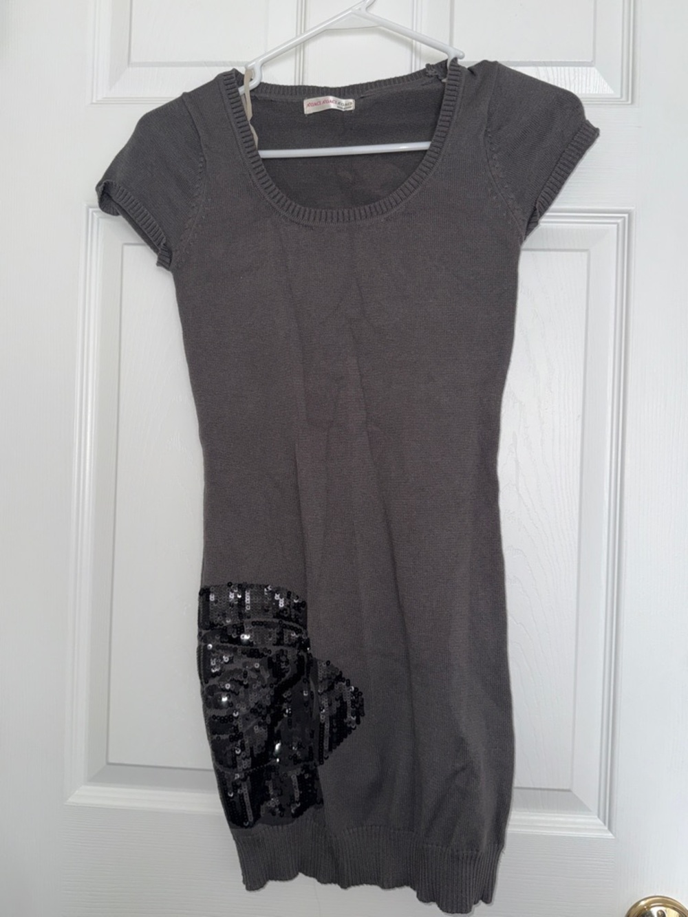 a'gaci Charcoal Gray Short Sleeve Sequin Accent Sweater Dress